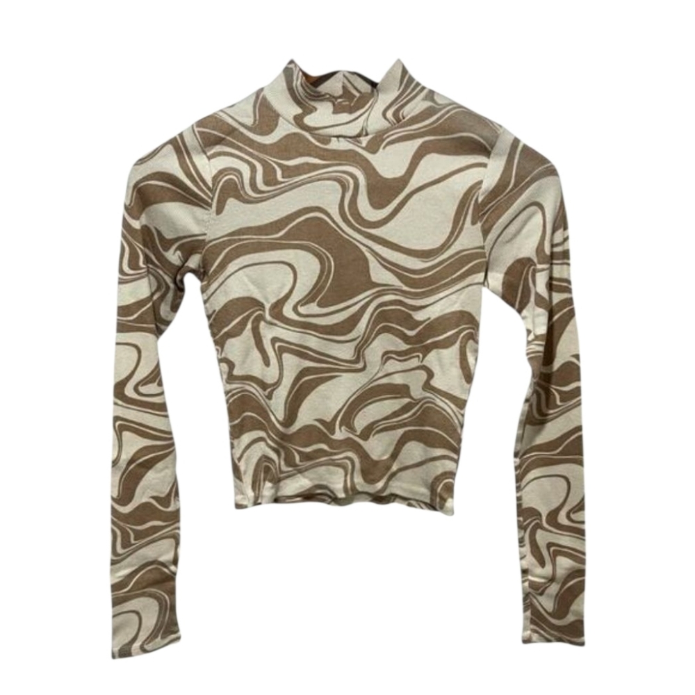 😁Hollister Brown and Cream Swirl Women's Mock Neck Long Sleeve Top